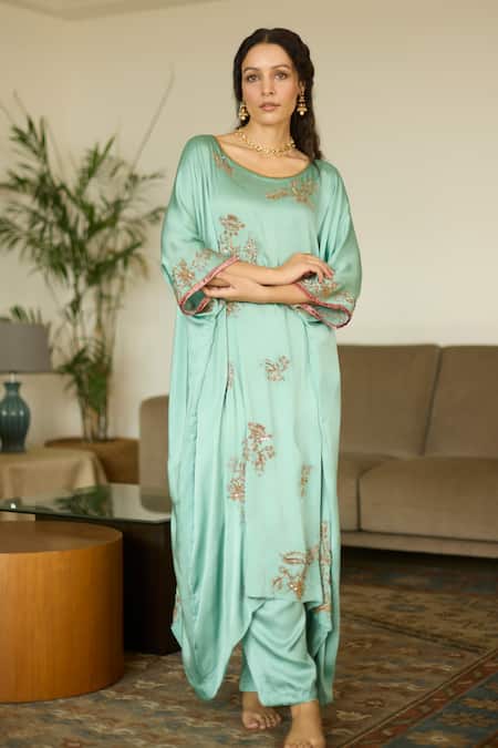 Sarang Kaur Blue Satin, Georgette, Silk Sequins, Beads, Embroidery Kaftan Set With Pant Online at Aza Fashions Sarang Kaur_Blue Satin, Georgette, Silk Sequins, Beads, Embroidery Kaftan Set With Pant _Online_at_Aza_Fashions