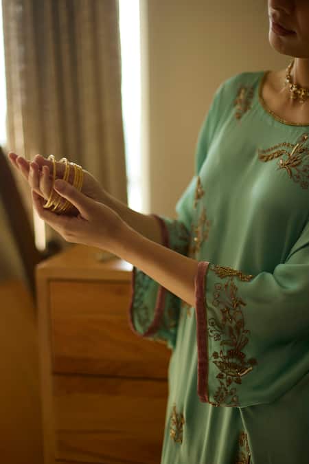 Shop Sarang Kaur Blue Satin, Georgette, Silk Sequins, Beads, Embroidery Kaftan Set With Pant Online at Aza Fashions Shop_Sarang Kaur_Blue Satin, Georgette, Silk Sequins, Beads, Embroidery Kaftan Set With Pant _Online_at_Aza_Fashions