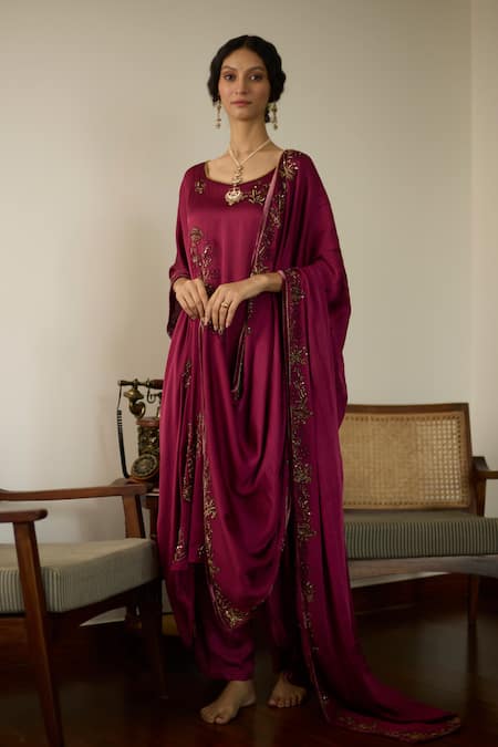 Shop Sarang Kaur Pink Satin, Georgette Sequins, Beads Thread Embroidered Dupatta at Aza Fashions Shop_Sarang Kaur_Pink Satin, Georgette Sequins, Beads Thread Embroidered Dupatta _at_Aza_Fashions