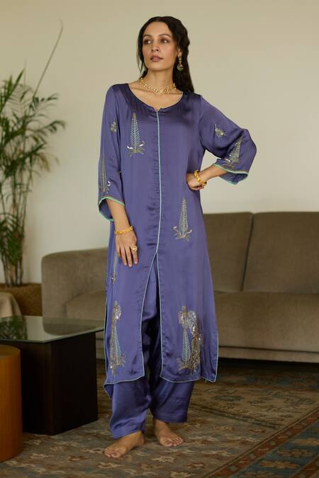 Buy Sarang Kaur Purple Satin, Georgette, Silk Sequins, Beads Split V-neck Embroidered Kurta Set Online at Aza Fashions Buy_Sarang Kaur_Purple Satin, Georgette, Silk Sequins, Beads Split V-neck Embroidered Kurta Set _Online_at_Aza_Fashions