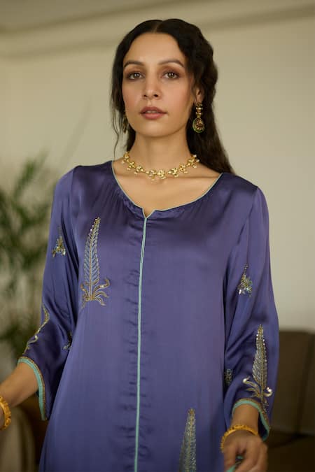 Shop Sarang Kaur Purple Satin, Georgette, Silk Sequins, Beads Split V-neck Embroidered Kurta Set Online at Aza Fashions Shop_Sarang Kaur_Purple Satin, Georgette, Silk Sequins, Beads Split V-neck Embroidered Kurta Set _Online_at_Aza_Fashions