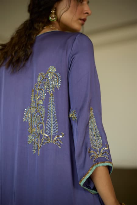Buy Sarang Kaur Purple Satin, Georgette, Silk Sequins, Beads Split V-neck Embroidered Kurta Set Buy_Sarang Kaur_Purple Satin, Georgette, Silk Sequins, Beads Split V-neck Embroidered Kurta Set