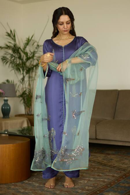 Sarang Kaur_Blue Organza, Silk Sequins, Beads, Embroidery Chhaaya Dupatta _Online_at_Aza_Fashions