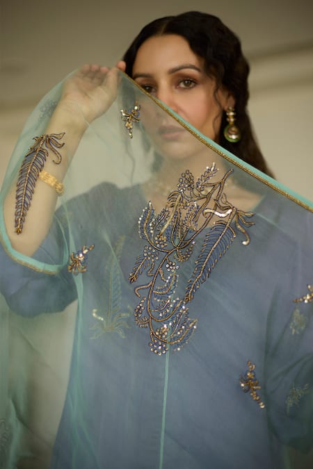 Sarang Kaur_Blue Organza, Silk Sequins, Beads, Embroidery Chhaaya Dupatta _at_Aza_Fashions