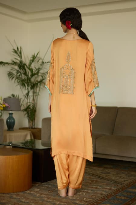 Shop Sarang Kaur Orange Satin, Georgette Sequins, Beads, Embroidery Split V-neck Kurta And Pant Set at Aza Fashions Shop_Sarang Kaur_Orange Satin, Georgette Sequins, Beads, Embroidery Split V-neck Kurta And Pant Set _at_Aza_Fashions