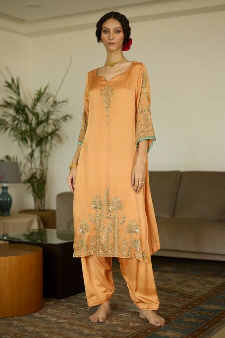 Buy Sarang Kaur Orange Satin, Georgette Sequins, Beads, Embroidery Split V-neck Kurta And Pant Set Online at Aza Fashions Buy_Sarang Kaur_Orange Satin, Georgette Sequins, Beads, Embroidery Split V-neck Kurta And Pant Set _Online_at_Aza_Fashions