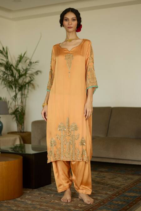 Shop Sarang Kaur Orange Satin, Georgette Sequins, Beads, Embroidery Split V-neck Kurta And Pant Set Online at Aza Fashions Shop_Sarang Kaur_Orange Satin, Georgette Sequins, Beads, Embroidery Split V-neck Kurta And Pant Set _Online_at_Aza_Fashions