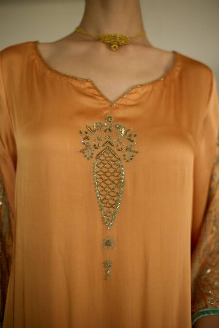 Sarang Kaur Orange Satin, Georgette Sequins, Beads, Embroidery Split V-neck Kurta And Pant Set at Aza Fashions Sarang Kaur_Orange Satin, Georgette Sequins, Beads, Embroidery Split V-neck Kurta And Pant Set _at_Aza_Fashions
