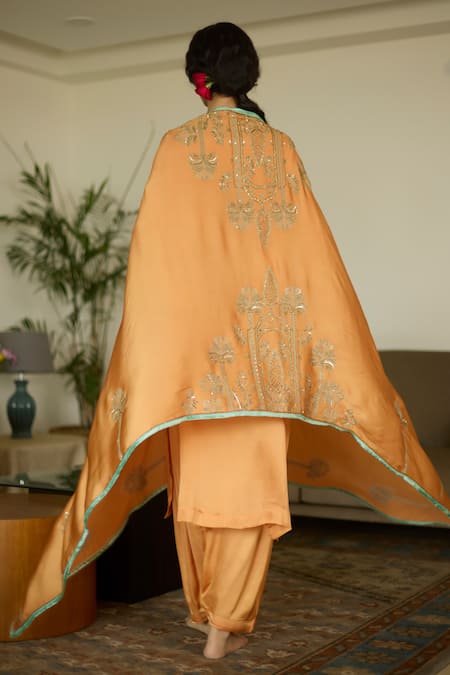 Shop_Sarang Kaur_Orange Satin, Georgette Sequins, Beads Embroidered Dupatta _at_Aza_Fashions