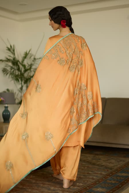 Sarang Kaur_Orange Satin, Georgette Sequins, Beads Embroidered Dupatta _Online_at_Aza_Fashions