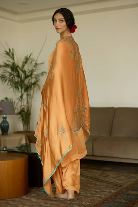 Buy_Sarang Kaur_Orange Satin, Georgette Sequins, Beads Embroidered Dupatta _Online_at_Aza_Fashions