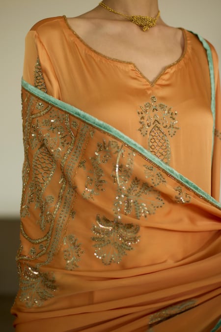 Shop_Sarang Kaur_Orange Satin, Georgette Sequins, Beads Embroidered Dupatta _Online_at_Aza_Fashions