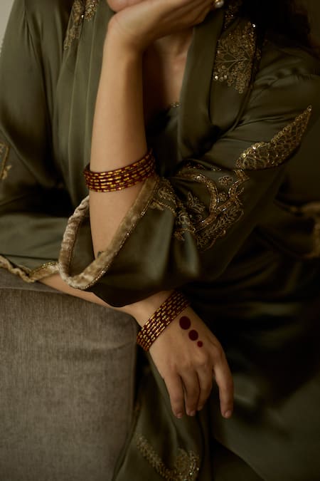 Sarang Kaur Green Satin, Georgette, Silk Embroidery, Sequins, Beads Split Hand Kurta Set at Aza Fashions Sarang Kaur_Green Satin, Georgette, Silk Embroidery, Sequins, Beads Split Hand Kurta Set _at_Aza_Fashions