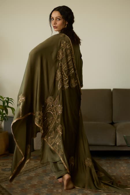 Shop_Sarang Kaur_Green Satin, Georgette Sequins, Beads Hand Embroidered Dupatta _at_Aza_Fashions