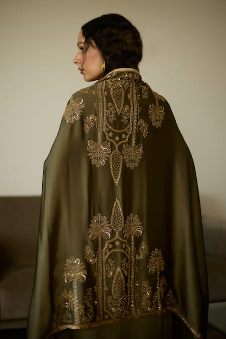 Sarang Kaur_Green Satin, Georgette Sequins, Beads Hand Embroidered Dupatta _Online_at_Aza_Fashions