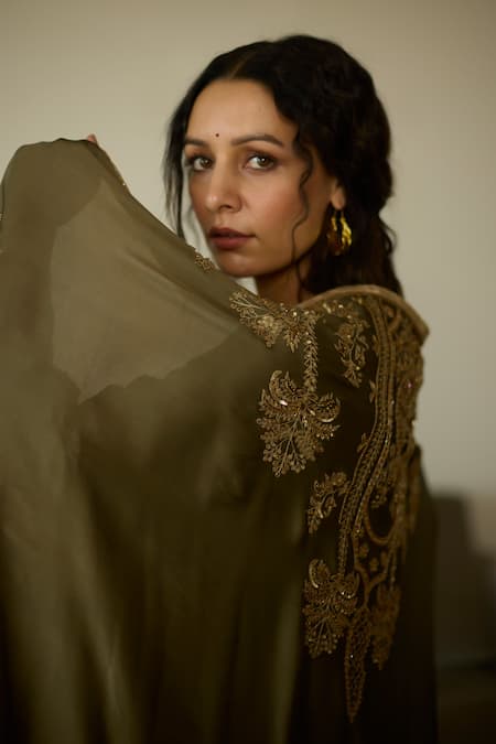 Buy_Sarang Kaur_Green Satin, Georgette Sequins, Beads Hand Embroidered Dupatta _Online_at_Aza_Fashions