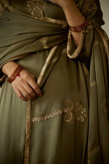 Sarang Kaur_Green Satin, Georgette Sequins, Beads Hand Embroidered Dupatta _at_Aza_Fashions