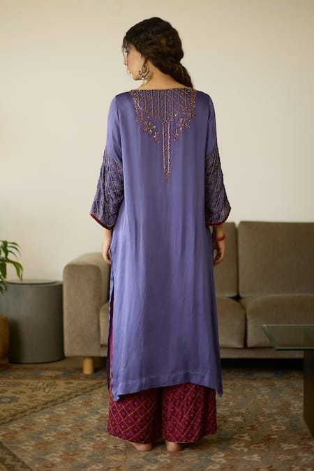 Shop Sarang Kaur Purple Satin, Georgette Sequins, Beads, Embroidery Round Neck Kurta And Pant Set at Aza Fashions Shop_Sarang Kaur_Purple Satin, Georgette Sequins, Beads, Embroidery Round Neck Kurta And Pant Set _at_Aza_Fashions