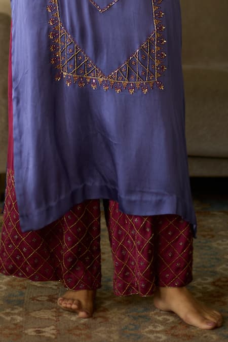 Sarang Kaur Purple Satin, Georgette Sequins, Beads, Embroidery Round Neck Kurta And Pant Set Online at Aza Fashions Sarang Kaur_Purple Satin, Georgette Sequins, Beads, Embroidery Round Neck Kurta And Pant Set _Online_at_Aza_Fashions