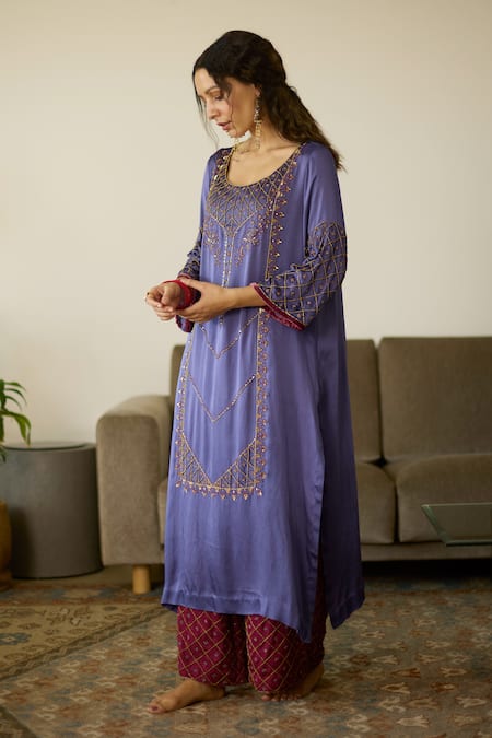 Buy Sarang Kaur Purple Satin, Georgette Sequins, Beads, Embroidery Round Neck Kurta And Pant Set Online at Aza Fashions Buy_Sarang Kaur_Purple Satin, Georgette Sequins, Beads, Embroidery Round Neck Kurta And Pant Set _Online_at_Aza_Fashions