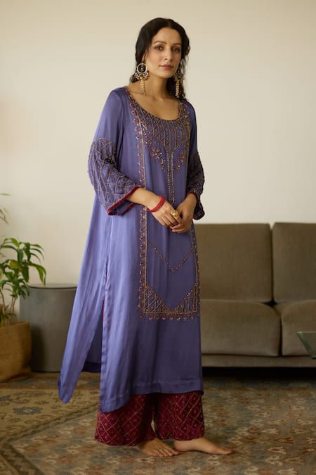 Shop Sarang Kaur Purple Satin, Georgette Sequins, Beads, Embroidery Round Neck Kurta And Pant Set Online at Aza Fashions Shop_Sarang Kaur_Purple Satin, Georgette Sequins, Beads, Embroidery Round Neck Kurta And Pant Set _Online_at_Aza_Fashions