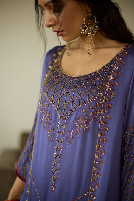 Sarang Kaur Purple Satin, Georgette Sequins, Beads, Embroidery Round Neck Kurta And Pant Set at Aza Fashions Sarang Kaur_Purple Satin, Georgette Sequins, Beads, Embroidery Round Neck Kurta And Pant Set _at_Aza_Fashions
