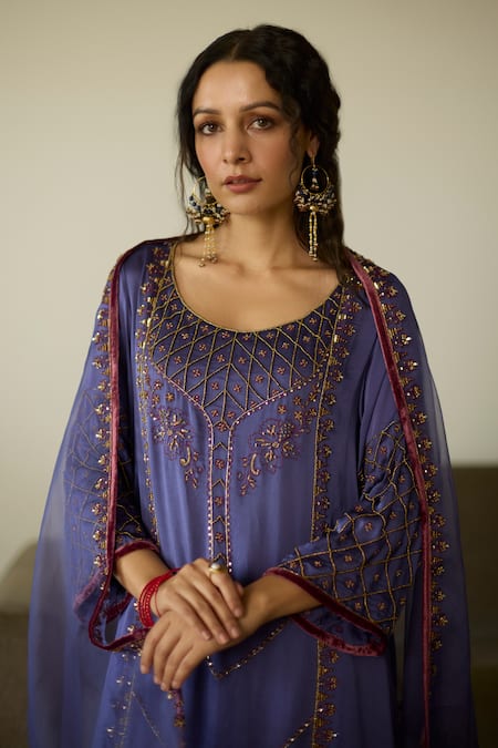 Shop_Sarang Kaur_Purple Organza Sequins, Beads Embroidered Dupatta _Online_at_Aza_Fashions