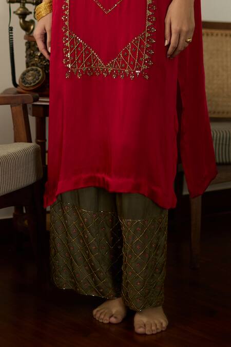 Sarang Kaur Red Satin, Georgette, Silk Sequins, Beads, Embroidery Round Neck Kurta Set Online at Aza Fashions Sarang Kaur_Red Satin, Georgette, Silk Sequins, Beads, Embroidery Round Neck Kurta Set _Online_at_Aza_Fashions