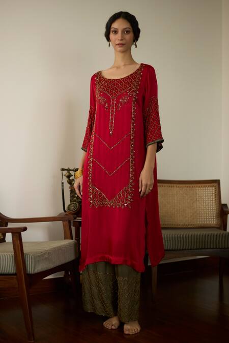 Buy Sarang Kaur Red Satin, Georgette, Silk Sequins, Beads, Embroidery Round Neck Kurta Set Online at Aza Fashions Buy_Sarang Kaur_Red Satin, Georgette, Silk Sequins, Beads, Embroidery Round Neck Kurta Set _Online_at_Aza_Fashions