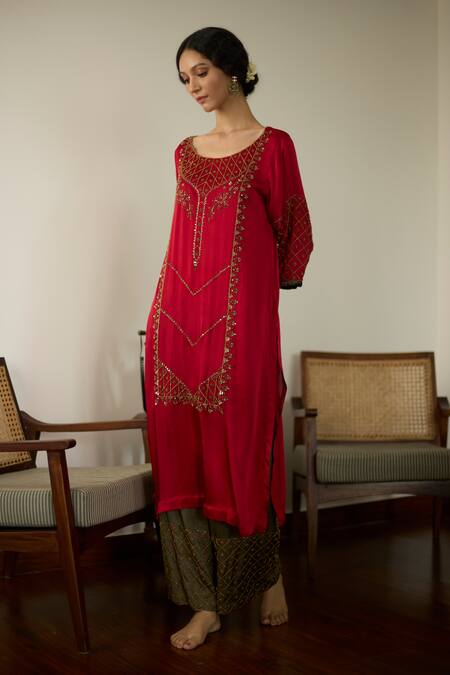 Shop Sarang Kaur Red Satin, Georgette, Silk Sequins, Beads, Embroidery Round Neck Kurta Set Online at Aza Fashions Shop_Sarang Kaur_Red Satin, Georgette, Silk Sequins, Beads, Embroidery Round Neck Kurta Set _Online_at_Aza_Fashions