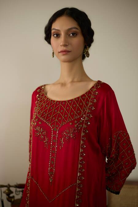 Sarang Kaur Red Satin, Georgette, Silk Sequins, Beads, Embroidery Round Neck Kurta Set at Aza Fashions Sarang Kaur_Red Satin, Georgette, Silk Sequins, Beads, Embroidery Round Neck Kurta Set _at_Aza_Fashions