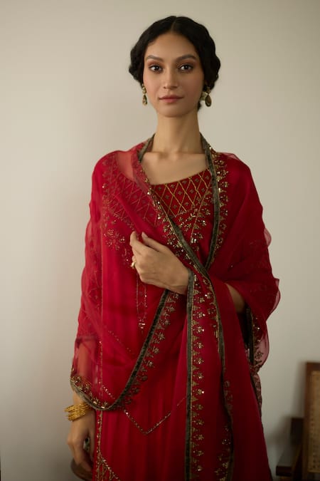 Shop_Sarang Kaur_Red Organza, Silk Sequins, Beads, Embroidery Hand Dupatta _at_Aza_Fashions