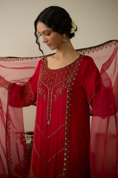 Sarang Kaur_Red Organza, Silk Sequins, Beads, Embroidery Hand Dupatta _Online_at_Aza_Fashions