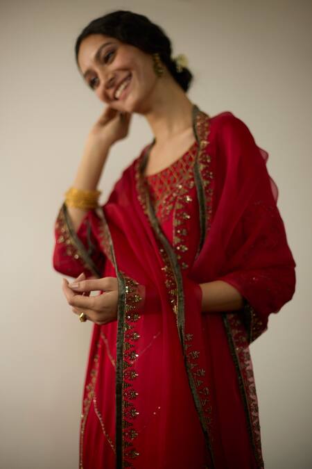 Shop_Sarang Kaur_Red Organza, Silk Sequins, Beads, Embroidery Hand Dupatta _Online_at_Aza_Fashions