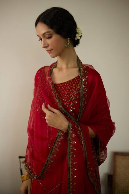 Sarang Kaur_Red Organza, Silk Sequins, Beads, Embroidery Hand Dupatta _at_Aza_Fashions