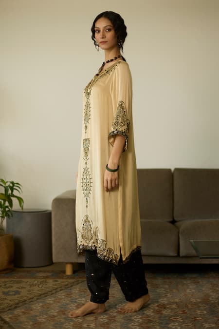 Shop Sarang Kaur Beige Satin, Georgette, Silk Sequins, Beads, Embroidery Round Neck Kurta Set at Aza Fashions Shop_Sarang Kaur_Beige Satin, Georgette, Silk Sequins, Beads, Embroidery Round Neck Kurta Set _at_Aza_Fashions