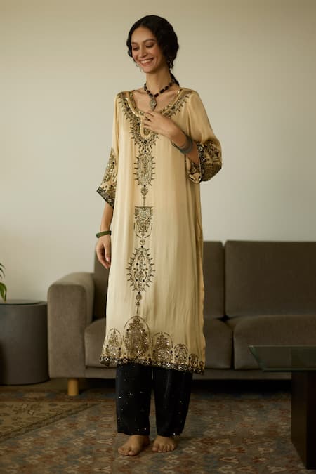 Sarang Kaur Beige Satin, Georgette, Silk Sequins, Beads, Embroidery Round Neck Kurta Set Online at Aza Fashions Sarang Kaur_Beige Satin, Georgette, Silk Sequins, Beads, Embroidery Round Neck Kurta Set _Online_at_Aza_Fashions