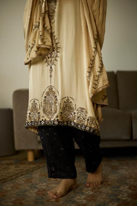 Buy Sarang Kaur Beige Satin, Georgette, Silk Sequins, Beads, Embroidery Round Neck Kurta Set Online at Aza Fashions Buy_Sarang Kaur_Beige Satin, Georgette, Silk Sequins, Beads, Embroidery Round Neck Kurta Set _Online_at_Aza_Fashions
