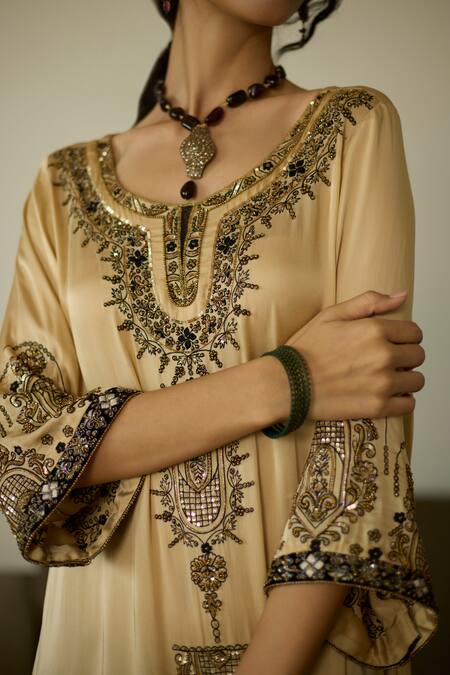 Sarang Kaur Beige Satin, Georgette, Silk Sequins, Beads, Embroidery Round Neck Kurta Set at Aza Fashions Sarang Kaur_Beige Satin, Georgette, Silk Sequins, Beads, Embroidery Round Neck Kurta Set _at_Aza_Fashions