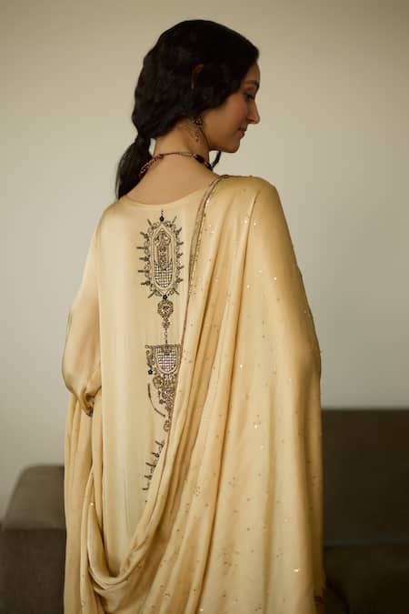 Shop Sarang Kaur Beige Satin, Georgette Sequins, Beads Embroidered Dupatta at Aza Fashions Shop_Sarang Kaur_Beige Satin, Georgette Sequins, Beads Embroidered Dupatta _at_Aza_Fashions