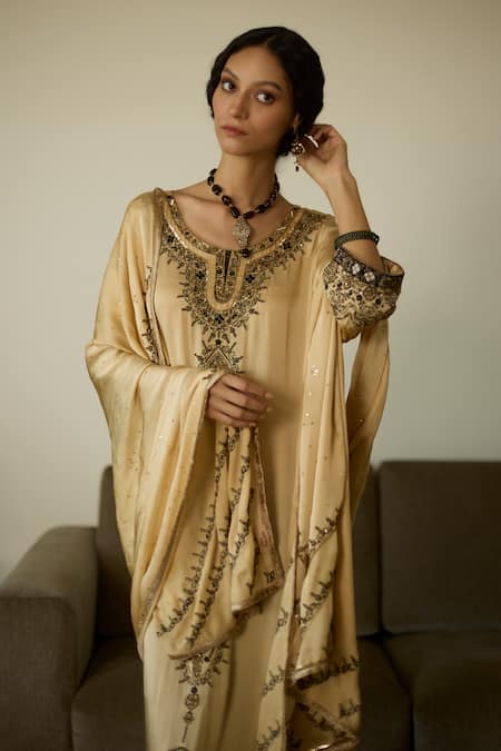 Sarang Kaur Beige Satin, Georgette Sequins, Beads Embroidered Dupatta at Aza Fashions Sarang Kaur_Beige Satin, Georgette Sequins, Beads Embroidered Dupatta _at_Aza_Fashions