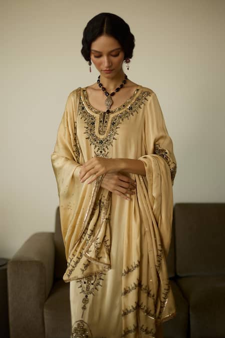 Buy Sarang Kaur Beige Satin, Georgette Sequins, Beads Embroidered Dupatta Buy_Sarang Kaur_Beige Satin, Georgette Sequins, Beads Embroidered Dupatta