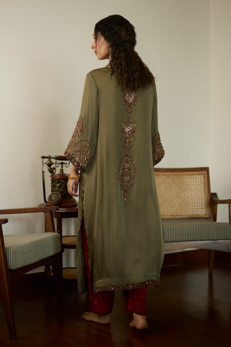 Shop Sarang Kaur Green Satin, Georgette, Silk Sequins, Beads, Embroidery Round Neck Kurta Set at Aza Fashions Shop_Sarang Kaur_Green Satin, Georgette, Silk Sequins, Beads, Embroidery Round Neck Kurta Set _at_Aza_Fashions