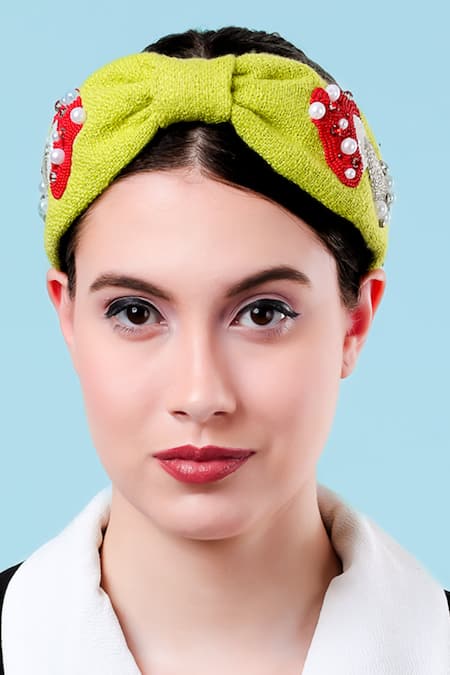Moyolu_Yellow Embroidery Mushroom Headband _Online_at_Aza_Fashions