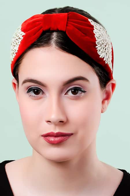 Moyolu Red Embroidery Floral Beaded Headband Online at Aza Fashions Moyolu_Red Embroidery Floral Beaded Headband _Online_at_Aza_Fashions