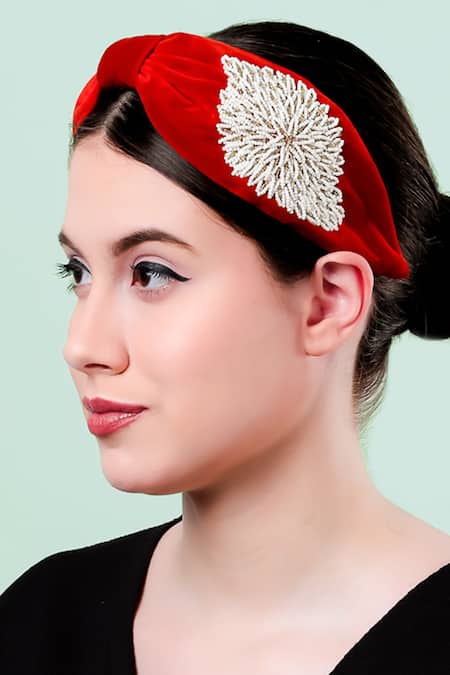 Shop Moyolu Red Embroidery Floral Beaded Headband Online at Aza Fashions Shop_Moyolu_Red Embroidery Floral Beaded Headband _Online_at_Aza_Fashions