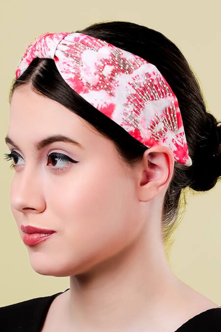 Shop_Moyolu_Pink Embroidery Tie Dye Pattern Headband _Online_at_Aza_Fashions