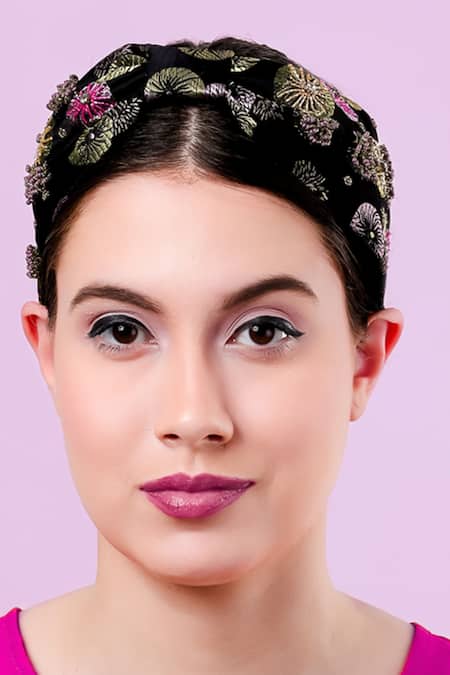 Moyolu_Blue Embroidery Floral Headband _Online_at_Aza_Fashions