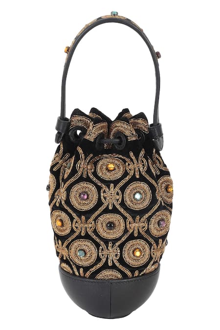 The Leather Garden Mughal Embroidered Black Potli Bag 