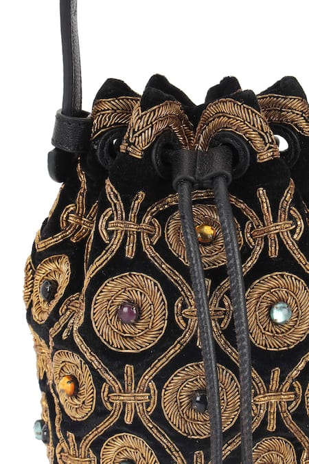 The Leather Garden_Black Dabka Mughal Embroidered Potli Bag _Online_at_Aza_Fashions